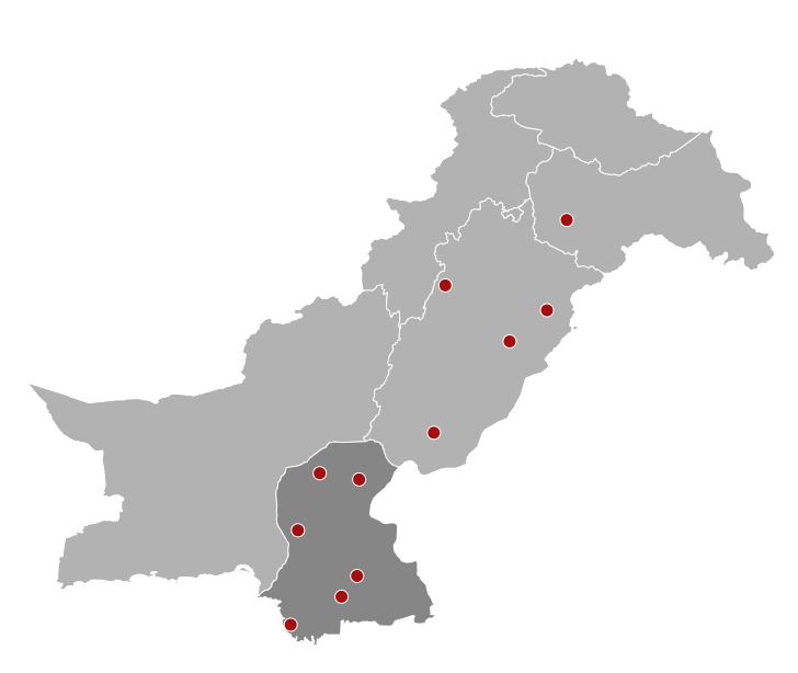 Map of Pakistan showing SIUT facility locations across Sindh and Punjab